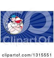 Clipart Of A Cartoon White Male Plumber Holding A Monkey Wrench In An American Circle And Dark Blue Rays Background Or Business Card Design Royalty Free Illustration