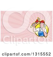 Poster, Art Print Of Cartoon White Male Plumber Holding A Monkey Wrench And Taking A Call And Pink Rays Background Or Business Card Design