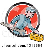 Poster, Art Print Of Retro Cartoon Happy White Male Mechanic Runnign With A Spanner Wrench And A Tool Box Emerging From A Black White And Red Circle