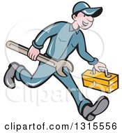 Retro Cartoon Happy White Male Mechanic Runnign With A Spanner Wrench And A Tool Box