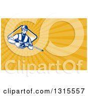 Clipart Of A Retro Pressure Power Washer Worker Man And Yellow Rays Background Or Business Card Design Royalty Free Illustration