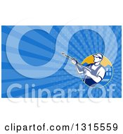 Clipart Of A Retro Pressure Power Washer Worker Man With Buildings And Blue Rays Background Or Business Card Design Royalty Free Illustration