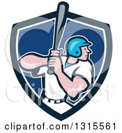 Poster, Art Print Of Cartoon White Male Baseball Player Batting In A Black White And Blue Shield