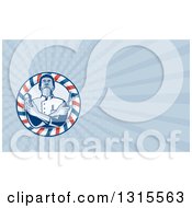 Clipart Of A Retro Woodcut Barber Holding Clippers And Scissors In A Striped Circle And Blue Rays Background Or Business Card Design Royalty Free Illustration