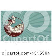 Retro Woodcut Male Fishmonger Chopping Meat And Turquoise Rays Background Or Business Card Design