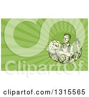 Retro Woodcut Organic Farmer With With Produce And Green Rays Background Or Business Card Design