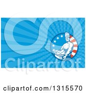 Clipart Of A Retro Male Baker Holding A Bread Basket In An American Circle And Blue Rays Background Or Business Card Design Royalty Free Illustration
