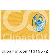 Clipart Of A Retro Blue Male Janitor Holding A Mop And Yellow Rays Background Or Business Card Design Royalty Free Illustration