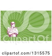 Clipart Of A Retro Purple Handyman With Folded Arms Holding A Paintbrush And Hammer And Green Rays Background Or Business Card Design Royalty Free Illustration