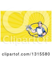 Poster, Art Print Of Cartoon White Male Man Using A Spray Paint Machine And Yellow Rays Background Or Business Card Design