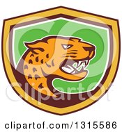 Poster, Art Print Of Retro Cartoon Angry Jaguar Cat In A Brown Yellow White And Green Shield