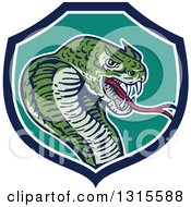Poster, Art Print Of Cartoon Attacking Cobra Snake In A Blue White And Turquoise Shield