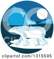 Poster, Art Print Of Retro Polar Bear And Ice Burgs At Night In A Circle