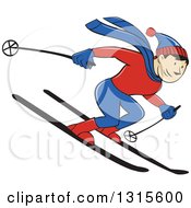 Cartoon Happy White Male Skier Going Downhill