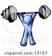 Blue Man Holding A Barbell Above His Head Clipart Illustration