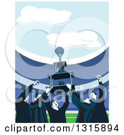 Poster, Art Print Of Cheering Soccer Team Holding Up A Championship Trophy In A Stadium
