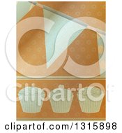 Clipart Of A Brown Paper Textured Cupcake And Party Bunting Banner Background Royalty Free Vector Illustration