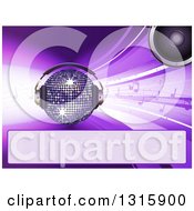 3d Sparkling Disco Ball With A Speaker Headphones Music Notes And A Blank Banner On Purple