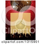 Poster, Art Print Of 3d Sparkling Disco Ball Over A Red Burst Silhouetted Concert Hands And A Faded Box With A Music Speaker