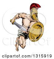 Poster, Art Print Of Muscular Gladiator Man In A Helmet Sprinting With A Sword And Golden Shield