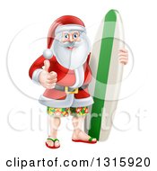 Poster, Art Print Of Christmas Santa Claus Giving A Thumb Up And Standing With A Surf Board