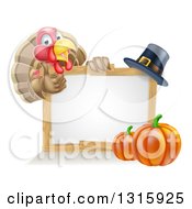Happy Thanksgiving Turkey Bird Giving A Thumb Up Over A Pumpkin Blank White Board Sign And Pilgrim Hat