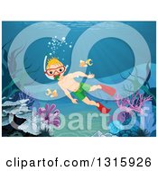 Poster, Art Print Of Blond White Boy Diver Snorkeling In The Ocean
