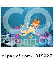 Poster, Art Print Of Red Haired White Girl Diver Snorkeling In The Ocean