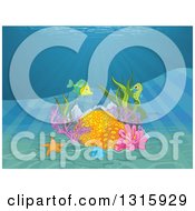 Poster, Art Print Of Coral Reef With A Fish Starfish Seahorse And Rays Shining Down From The Surface