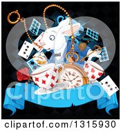 The White Rabbit Of Wonderland Looking At His Watch Over A Clock Playing Cards Key Stop Watch Rose And Aged Ribbon Banner On Black