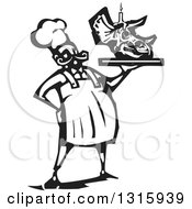 Poster, Art Print Of Black And White Woodcut Male Chef Holding A Triceratops Dinosaur Skull Birthday Cake With A Candle On A Tray