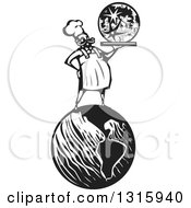 Poster, Art Print Of Black And White Woodcut Male Chef Holding A Moon On A Platter And Standing On Earth
