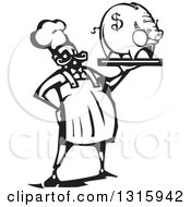 Poster, Art Print Of Black And White Woodcut Male Chef Holding A Piggy Bank On A Tray