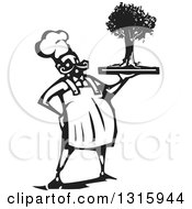 Poster, Art Print Of Black And White Woodcut Male Chef Holding A Tree On A Tray