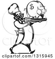 Poster, Art Print Of Black And White Woodcut Male Chef Walking With A Piggy Bank On A Tray