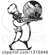 Poster, Art Print Of Black And White Woodcut Male Chef Serving Earth On A Platter