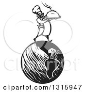Poster, Art Print Of Black And White Woodcut Male Chef Holding A Steaming Cloche Platter And Walking On Planet Earth