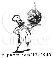 Poster, Art Print Of Black And White Woodcut Male Chef Holding Planet Earth Birthday Cake With A Candle
