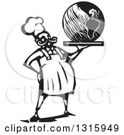 Poster, Art Print Of Black And White Woodcut Male Chef Holding Earth On A Platter