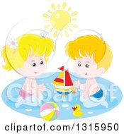 Poster, Art Print Of Caucasian Boy And Girl Playing With A Sailboat Beach Ball And Rubber Duck In A Swimming Pool Under A Summer Sun