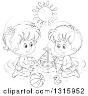 Poster, Art Print Of Cartoon Black And White Boy And Girl Playing With Toys In A Swimming Pool Under A Summer Sun
