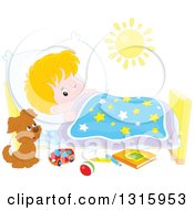 Poster, Art Print Of Cartoon Caucasian Boy Looking At A Puppy With One Eye While Trying To Go To Sleep