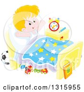 Poster, Art Print Of Cartoon Caucasian Boy Stretching In Bed After Waking Up