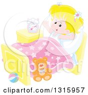 Poster, Art Print Of Cartoon Blond Caucasian Girl Stretching In Her Bed After Waking Up