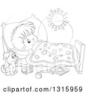 Poster, Art Print Of Cartoon Black And White Boy Looking At A Puppy With One Eye While Trying To Go To Sleep