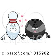 Cartoon Black Bowling Ball And Pin Characters Holding Hands Under Hearts