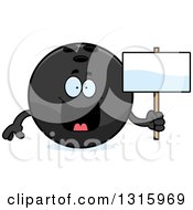 Poster, Art Print Of Cartoon Happy Black Bowling Ball Character Holding A Blank Sign