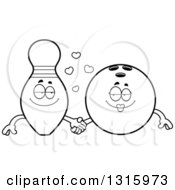Lineart Clipart Of Cartoon Black And White Bowling Ball And Pin Characters Holding Hands Under Hearts Royalty Free Outline Vector Illustration by Cory Thoman