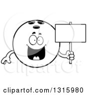 Lineart Clipart Of A Cartoon Happy Black Bowling Ball Character Holding A Blank Sign Royalty Free Outline Vector Illustration by Cory Thoman
