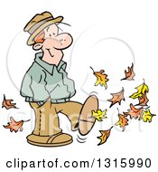 Cartoon Happy Red Haired White Man Kicking Up Some Autumn Leaves